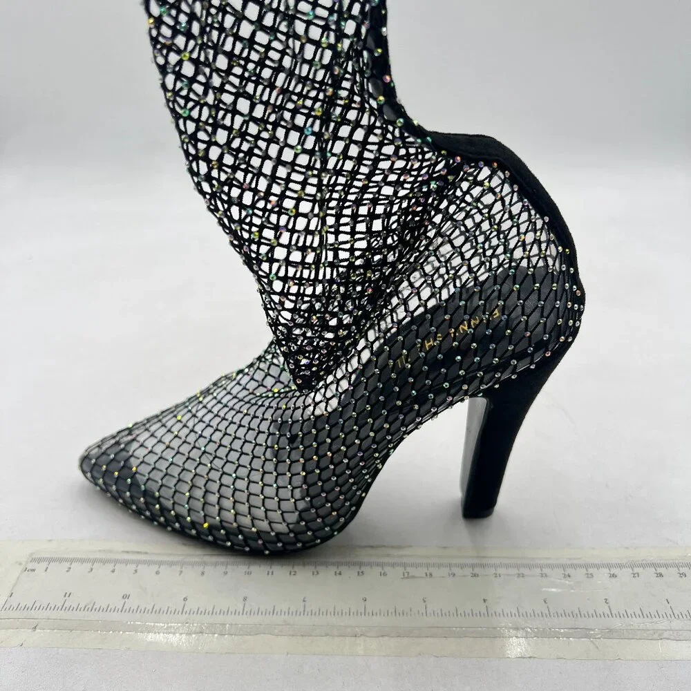 FSJ Black Diamante Fish Net Sexy High Heel Long Boots